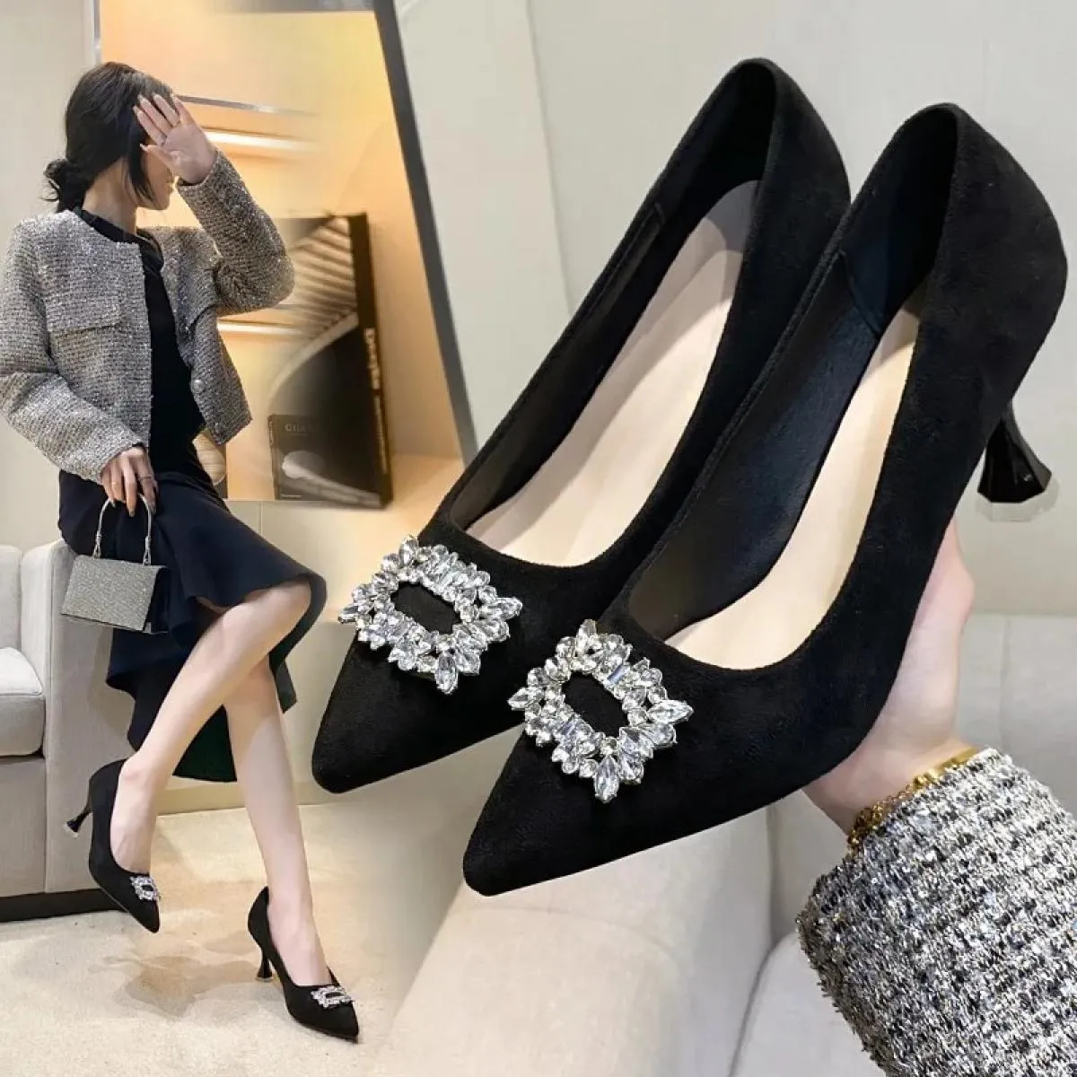 2024 nuove scarpe alla moda di grandi dimensioni comode scarpe con tacco alto scarpe a punta con bocca superficiale pompe tacco