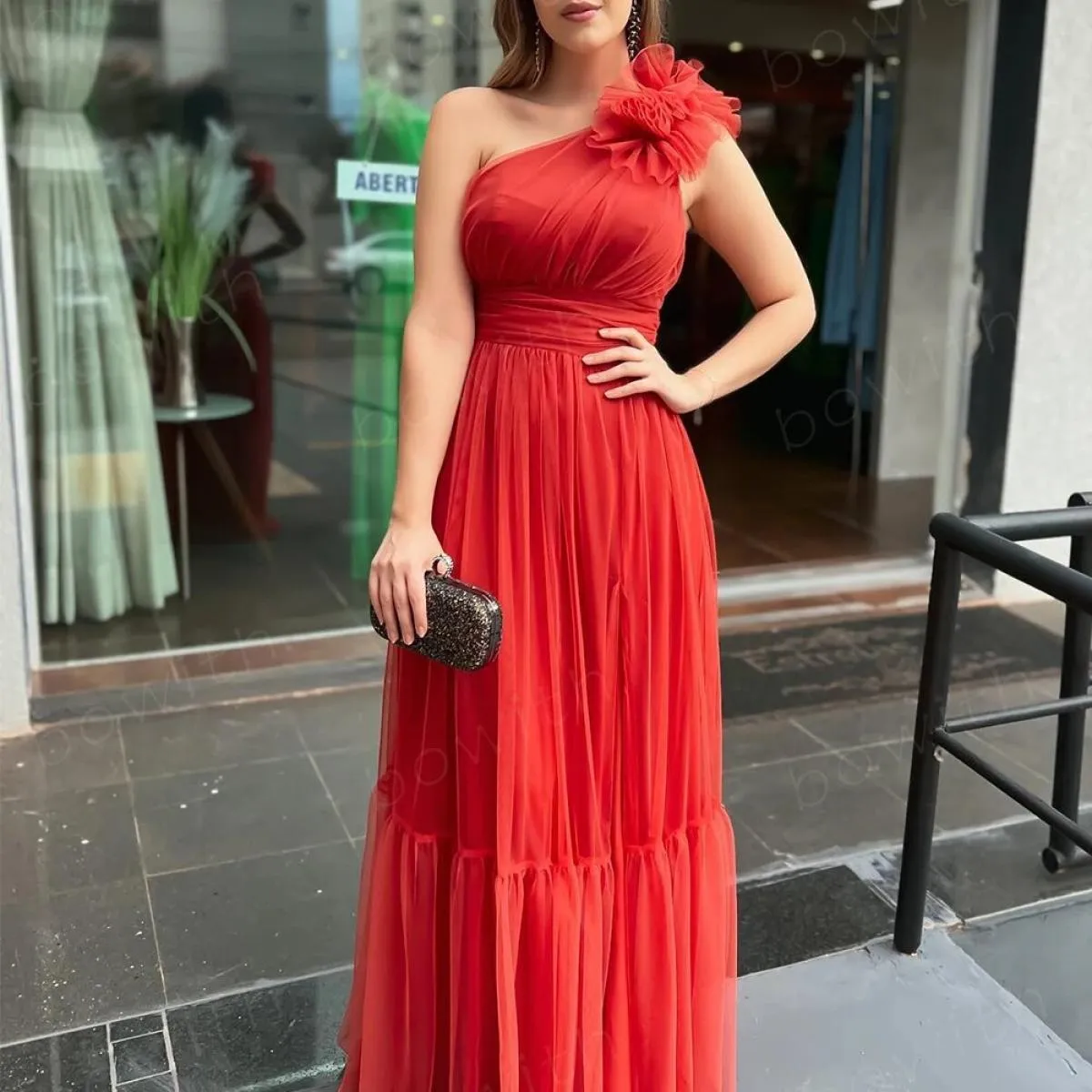 Abiti da sera monospalla Bowith Abiti da festa maxi per donna Abiti da cerimonia formali con cintura in tulle