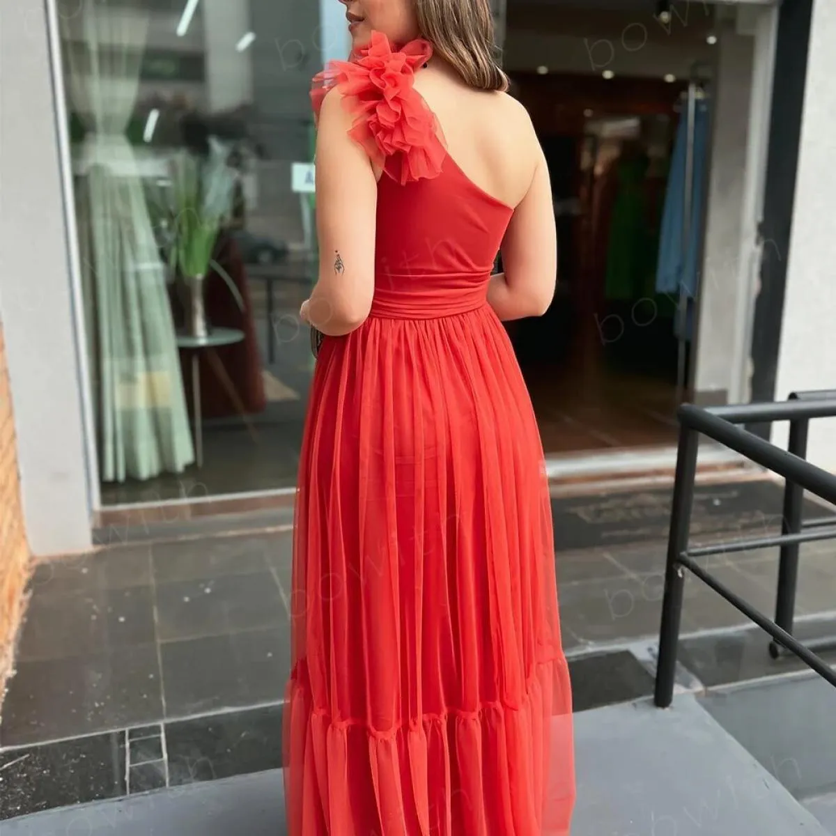 Abiti da sera monospalla Bowith Abiti da festa maxi per donna Abiti da cerimonia formali con cintura in tulle