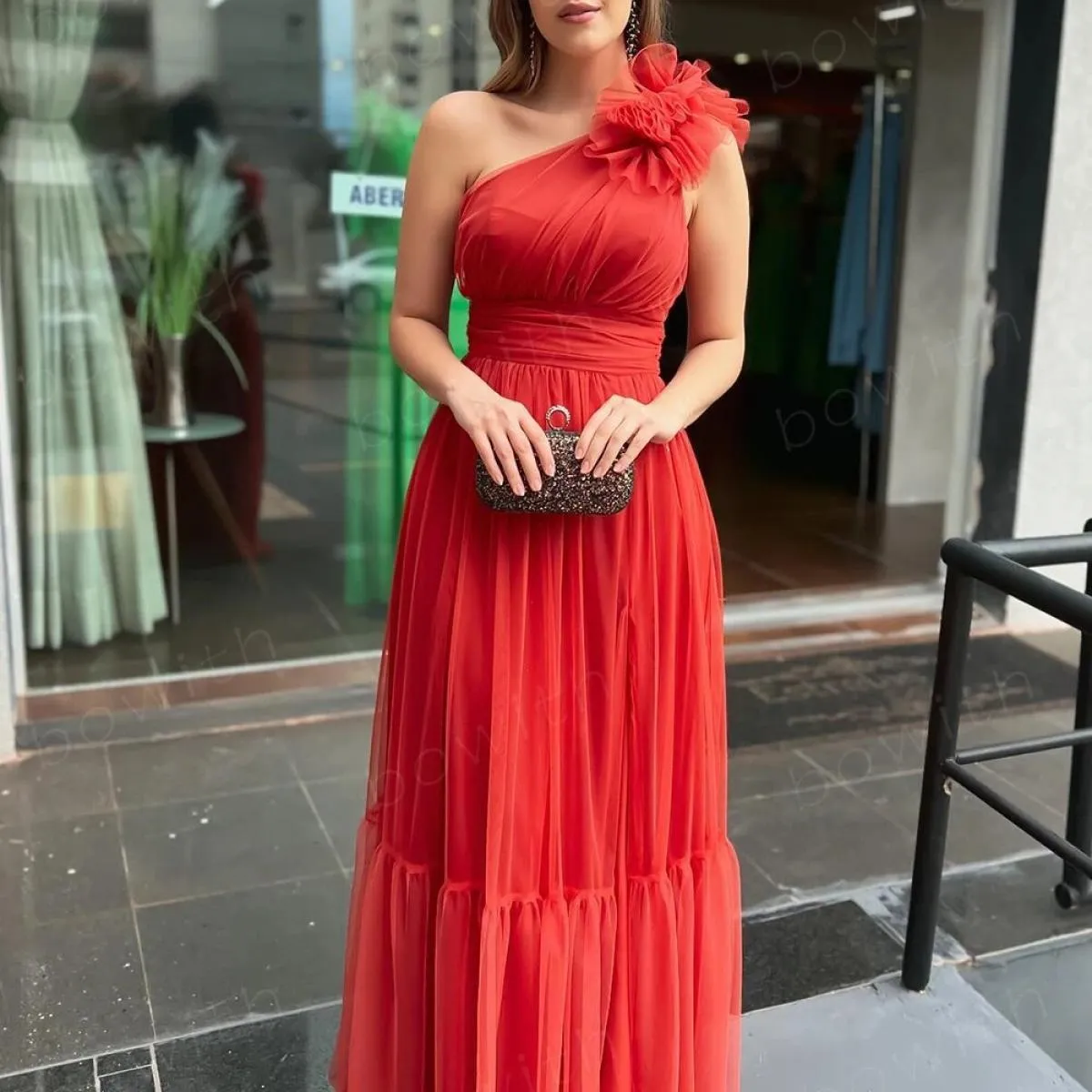 Abiti da sera monospalla Bowith Abiti da festa maxi per donna Abiti da cerimonia formali con cintura in tulle