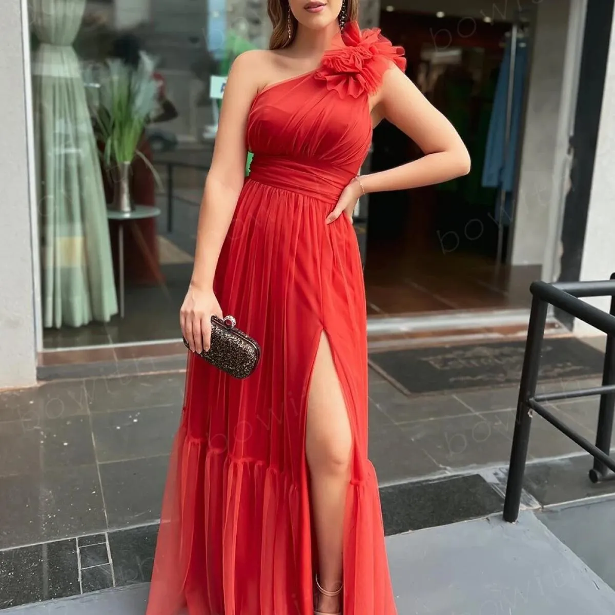 Abiti da sera monospalla Bowith Abiti da festa maxi per donna Abiti da cerimonia formali con cintura in tulle