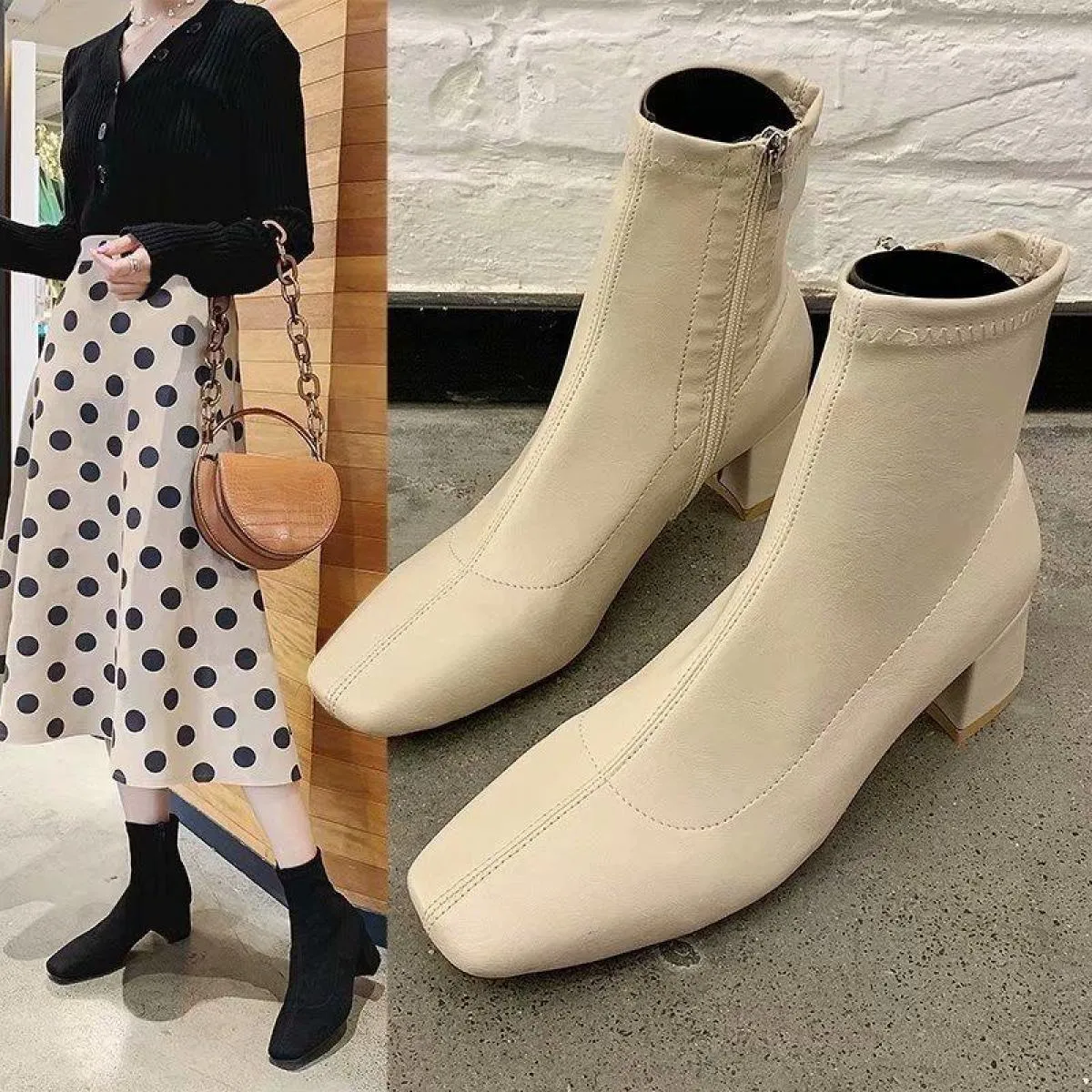 Autunno Inverno Nuove Donne Stivali Caviglia Punta Quadrata Tubo Intermedio Stivali con Tacco Spesso Stivali da Donna con Tacco