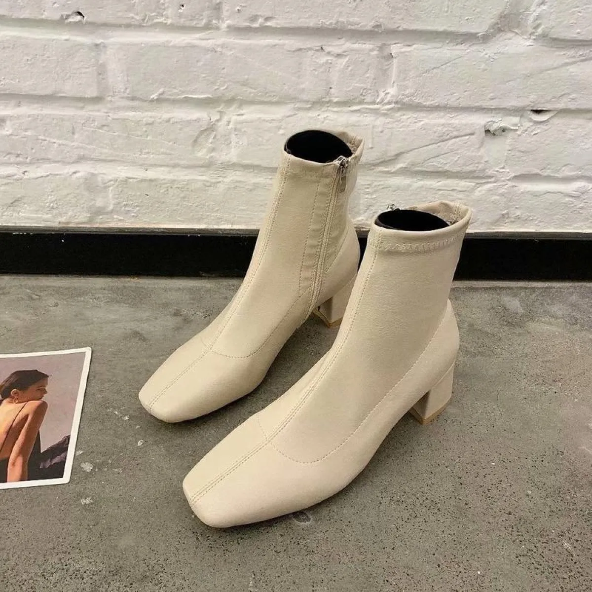 Autunno Inverno Nuove Donne Stivali Caviglia Punta Quadrata Tubo Intermedio Stivali con Tacco Spesso Stivali da Donna con Tacco