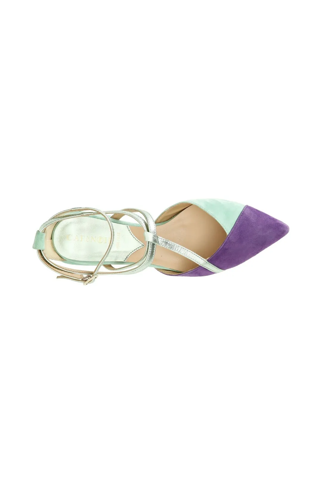 ballerine in camoscio bicolor con laccio alla caviglia multi viola