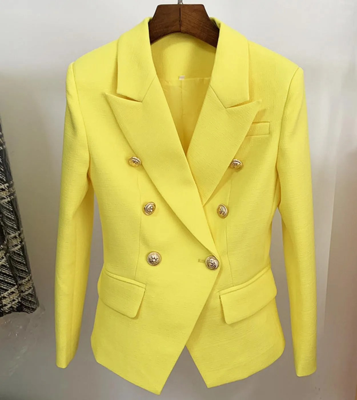 Blazer bianco e nero in lino di cotone Giacca da donna autunno doppiopetto con bottoni dorati Blazer da donna da ufficio di alta