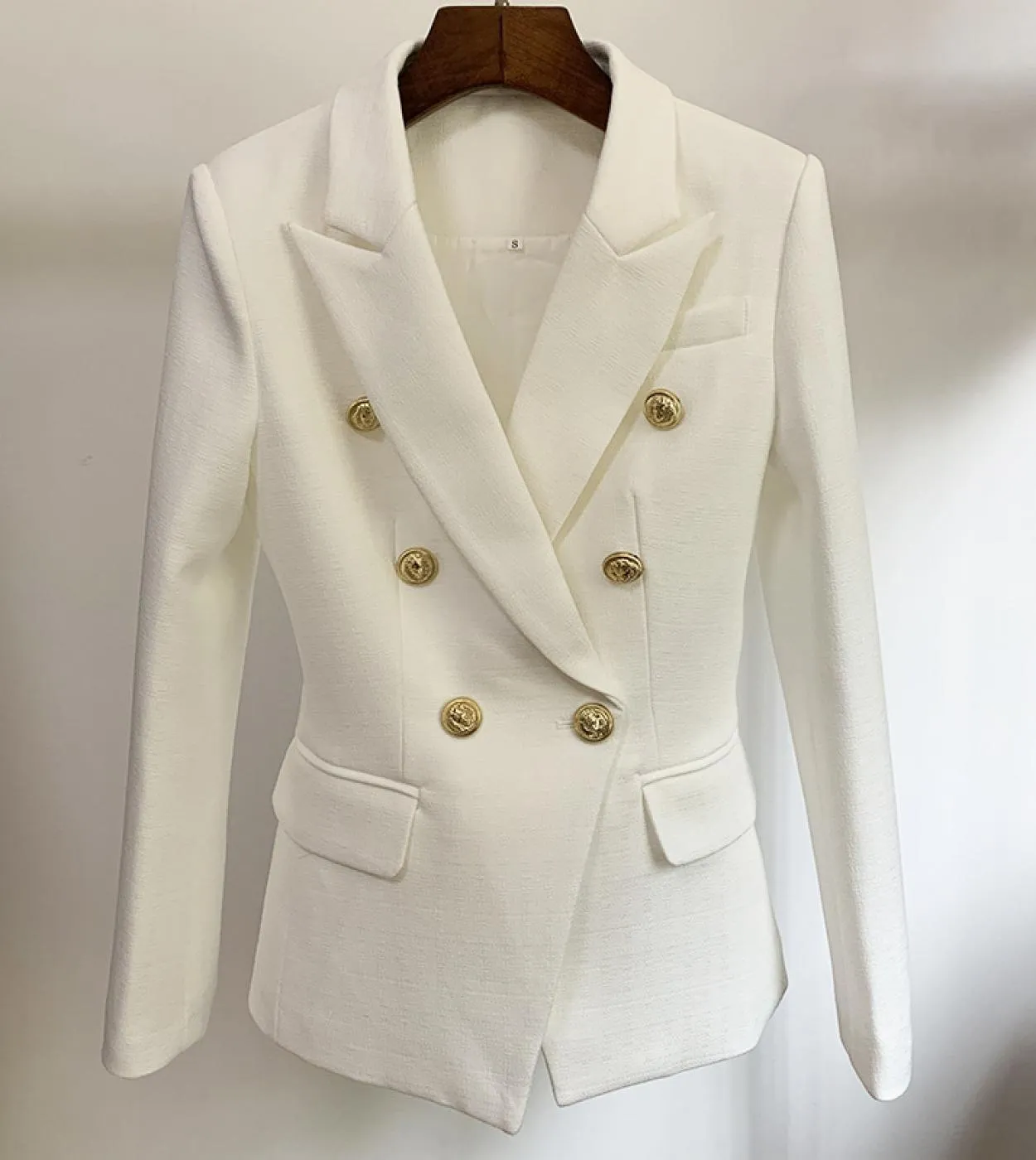 Blazer bianco e nero in lino di cotone Giacca da donna autunno doppiopetto con bottoni dorati Blazer da donna da ufficio di alta