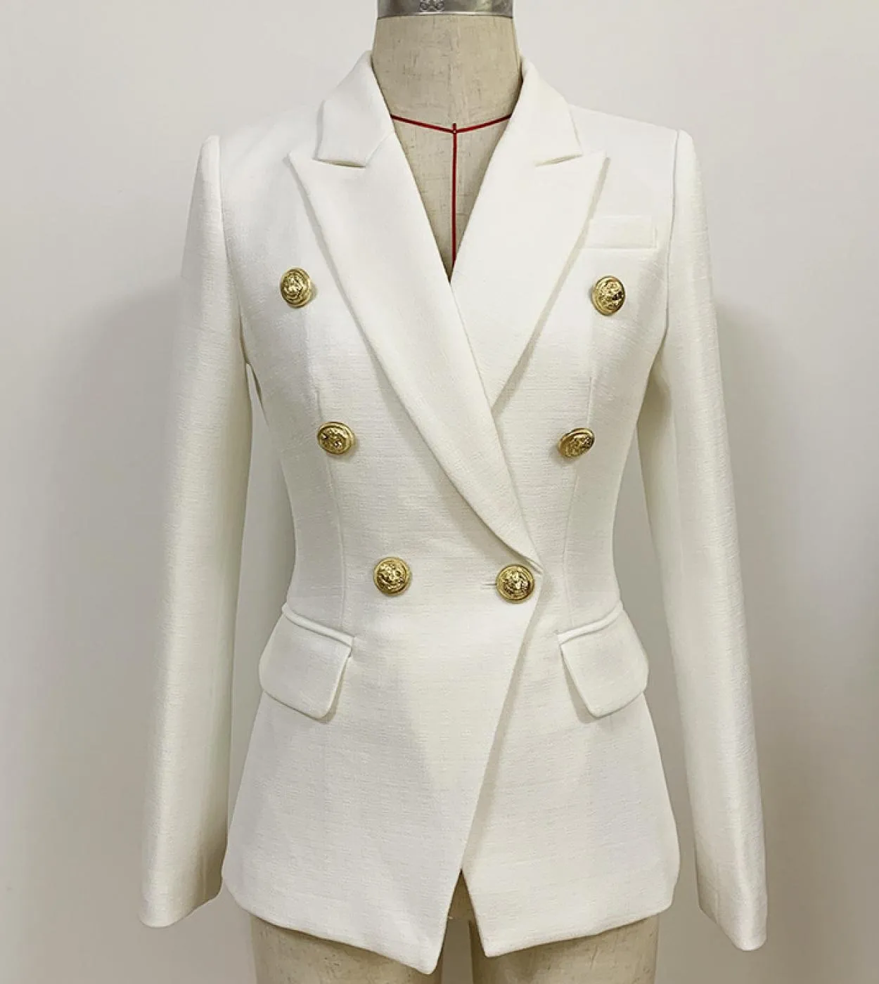 Blazer bianco e nero in lino di cotone Giacca da donna autunno doppiopetto con bottoni dorati Blazer da donna da ufficio di alta