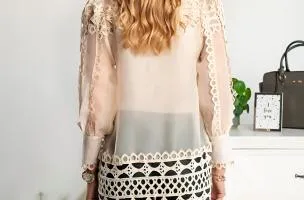 Blusa lunga semitrasparente con pizzo Catllara, beige