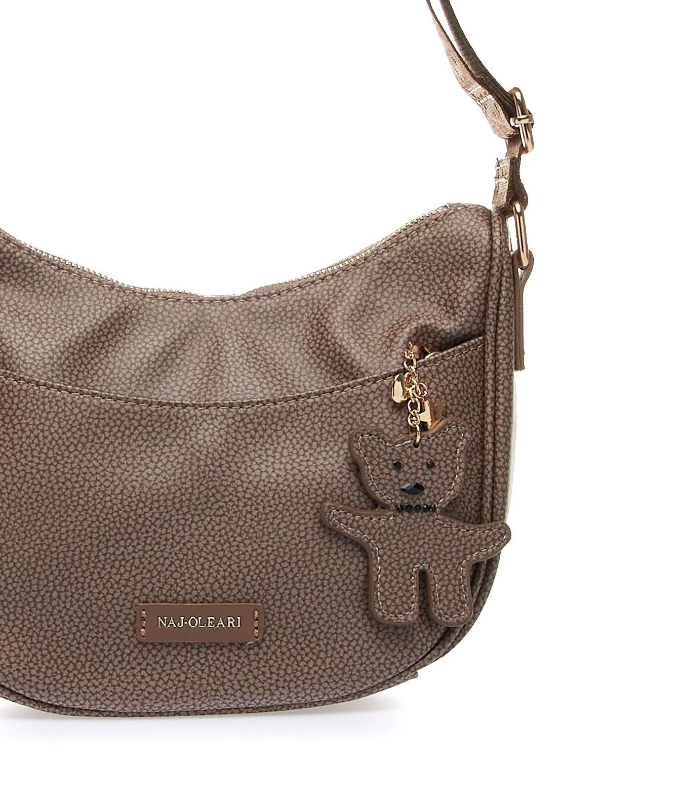 Borsa a tracolla marrone con tasca esterna e ciondolo