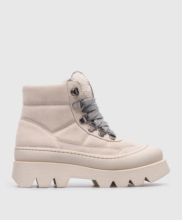 Brunello Cucinelli Stivali in camoscio beige con inserti in shearling e coulisse BZSOFZG234
