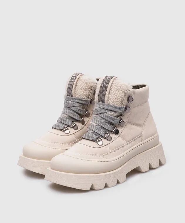 Brunello Cucinelli Stivali in camoscio beige con inserti in shearling e coulisse BZSOFZG234