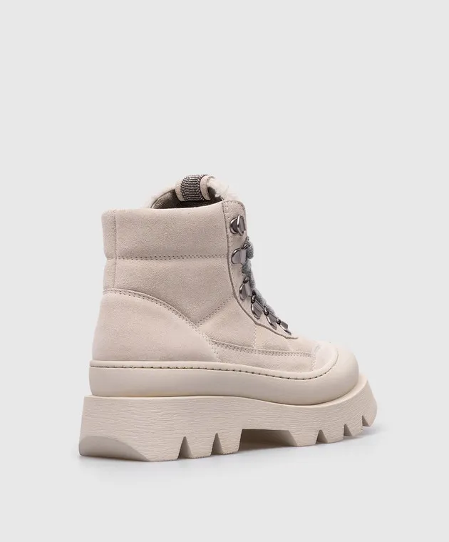 Brunello Cucinelli Stivali in camoscio beige con inserti in shearling e coulisse BZSOFZG234