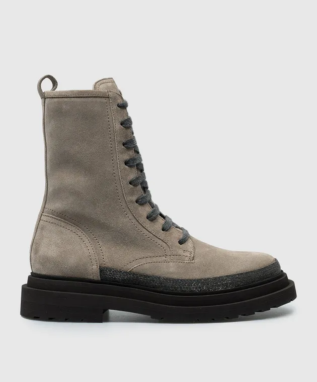 Brunello Cucinelli Stivali in camoscio grigio con catena monil MZSFG2767