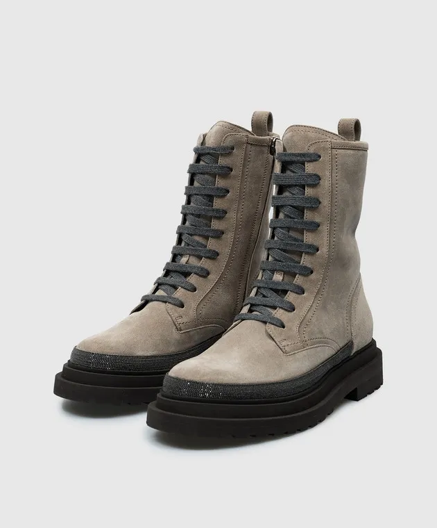 Brunello Cucinelli Stivali in camoscio grigio con catena monil MZSFG2767