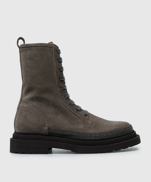 Brunello Cucinelli Stivali in camoscio marrone con catena monil MZSFG2767