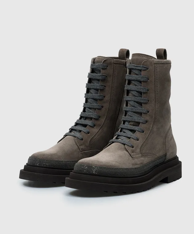 Brunello Cucinelli Stivali in camoscio marrone con catena monil MZSFG2767