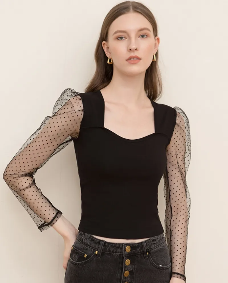 Camicia a maniche lunghe con maniche lunghe in maglia tinta unita da donna con maniche a sbuffo con colletto quadrato di nuova m