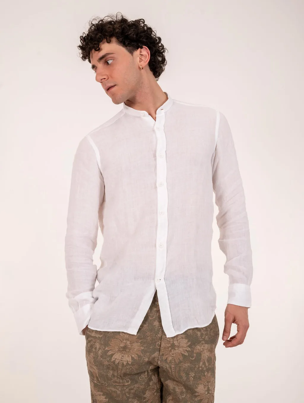 Camicia Coreana Four Stroke in Lino Bianca