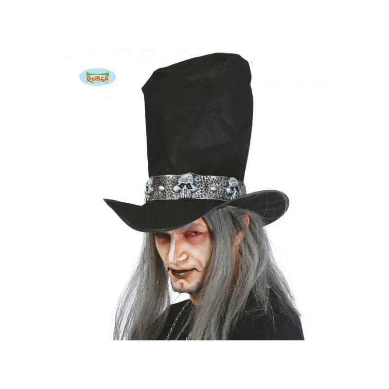 CAPPELLO STREGONE CON FASCIA DI TESCHI CON CAPELLI GRIGI INCLUSI 30CM DI ALTEZZA X 35 BASE.CARNEVALE HALLOWEEN