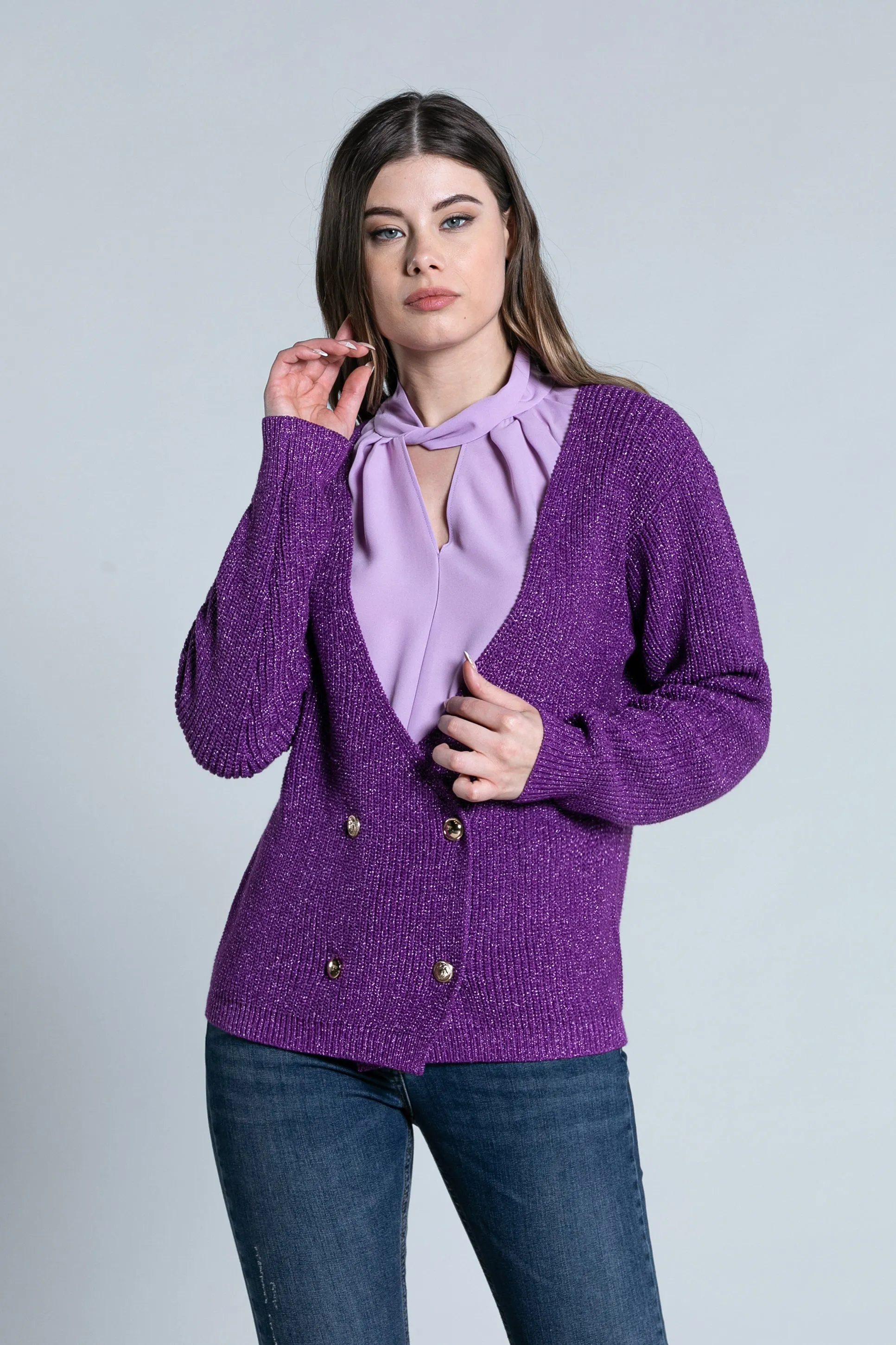 Cardigan BRILLIANT manica lunga scollo incrocio doppio petto con bottoni lurex