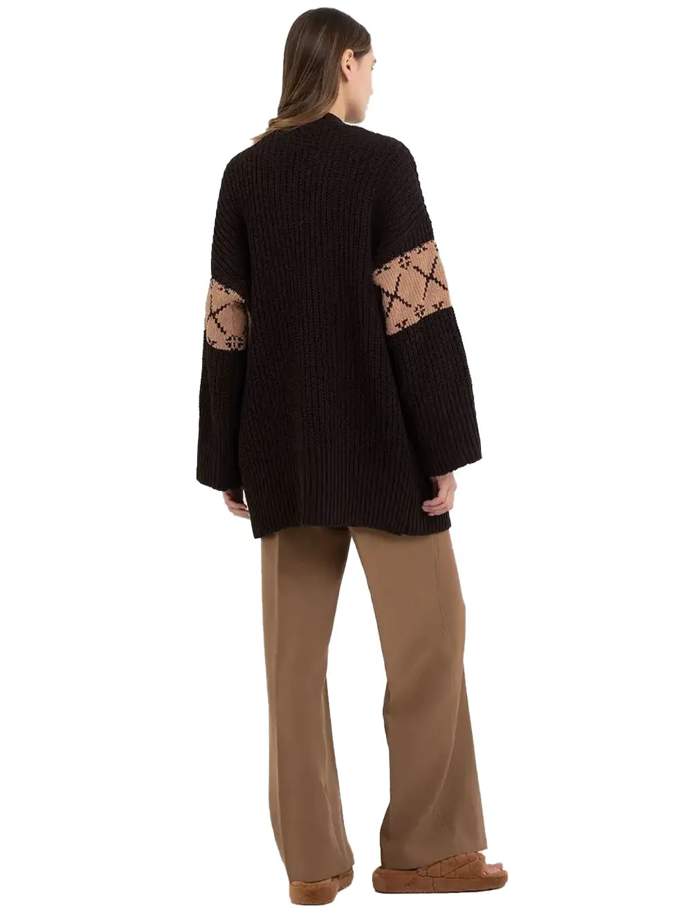 Cardigan in ciniglia intrecciata stile Jacquard nero e marrone