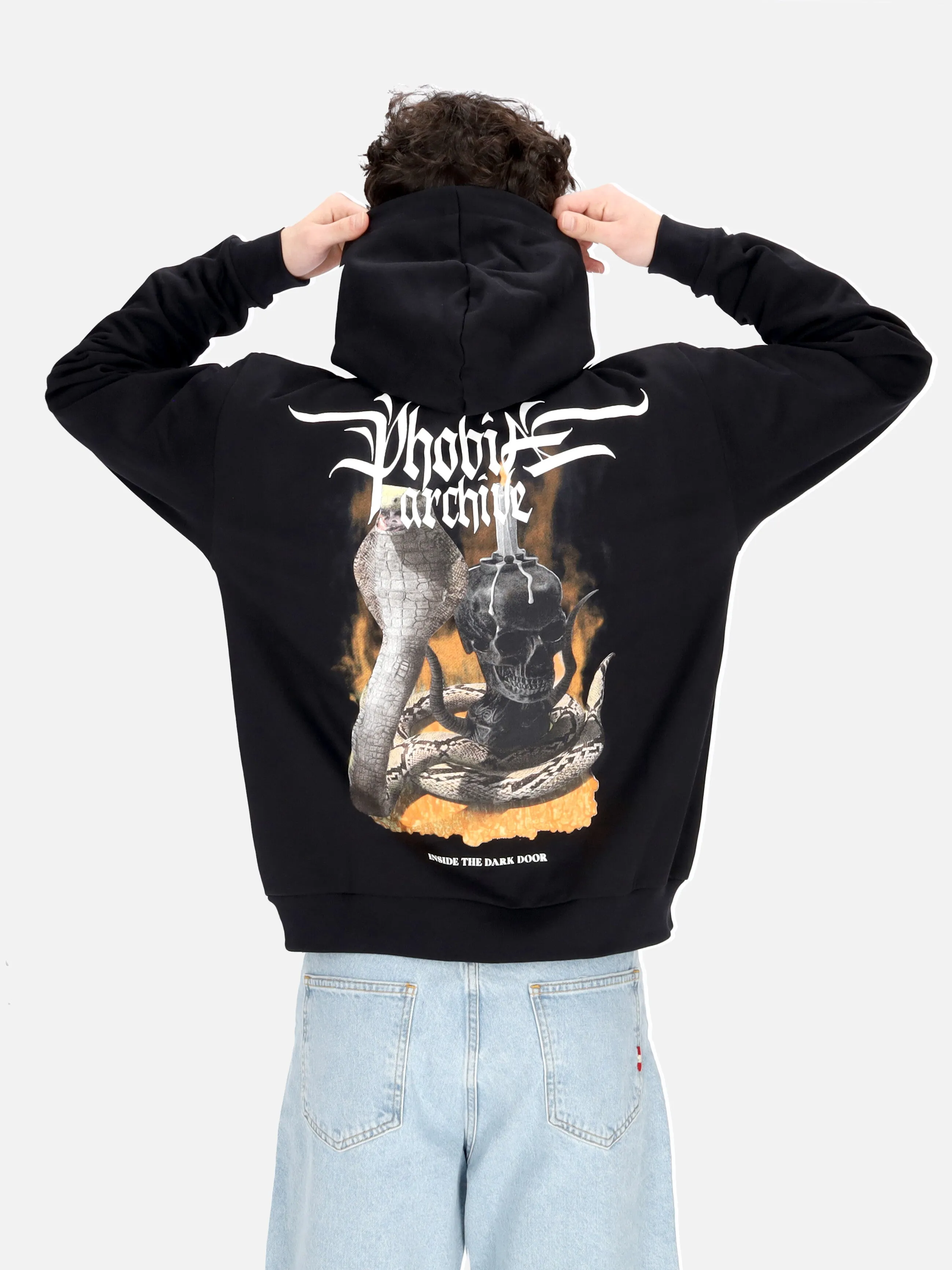 Felpa Leggera Cappuccio Uomo Fiery Cobra Print Hoodie Black/orange