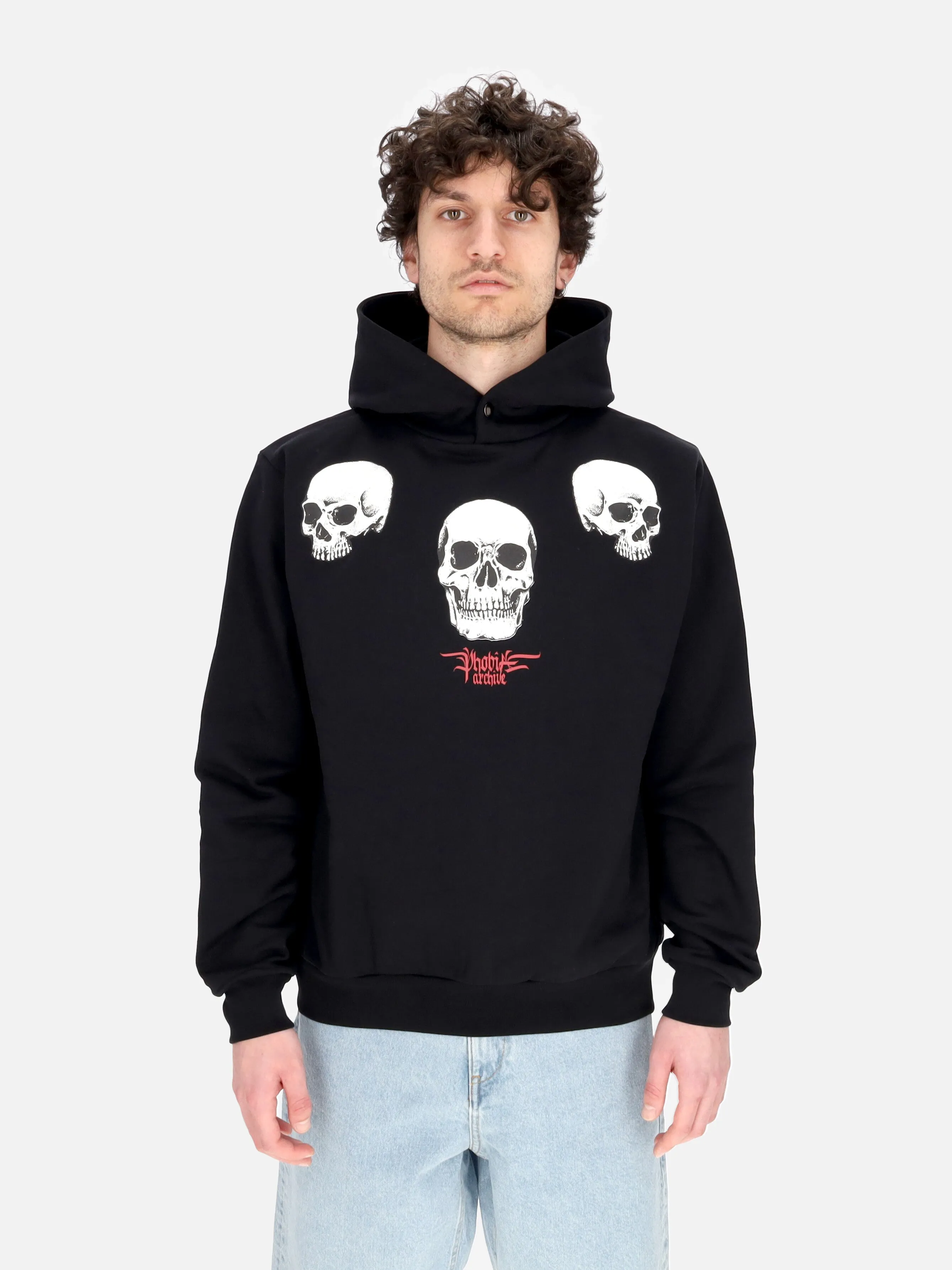 Felpa Leggera Cappuccio Uomo Triple Skull Print Hoodie Black/red
