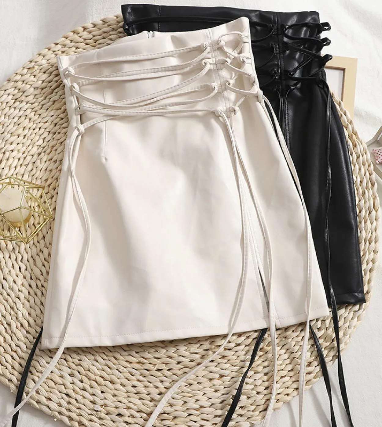 Gonna tubino gotico Donna Pu Hippie Mini Pelle Punk Lace Up 2022 New Club a vita alta Beige Nero  Gonne Lolita