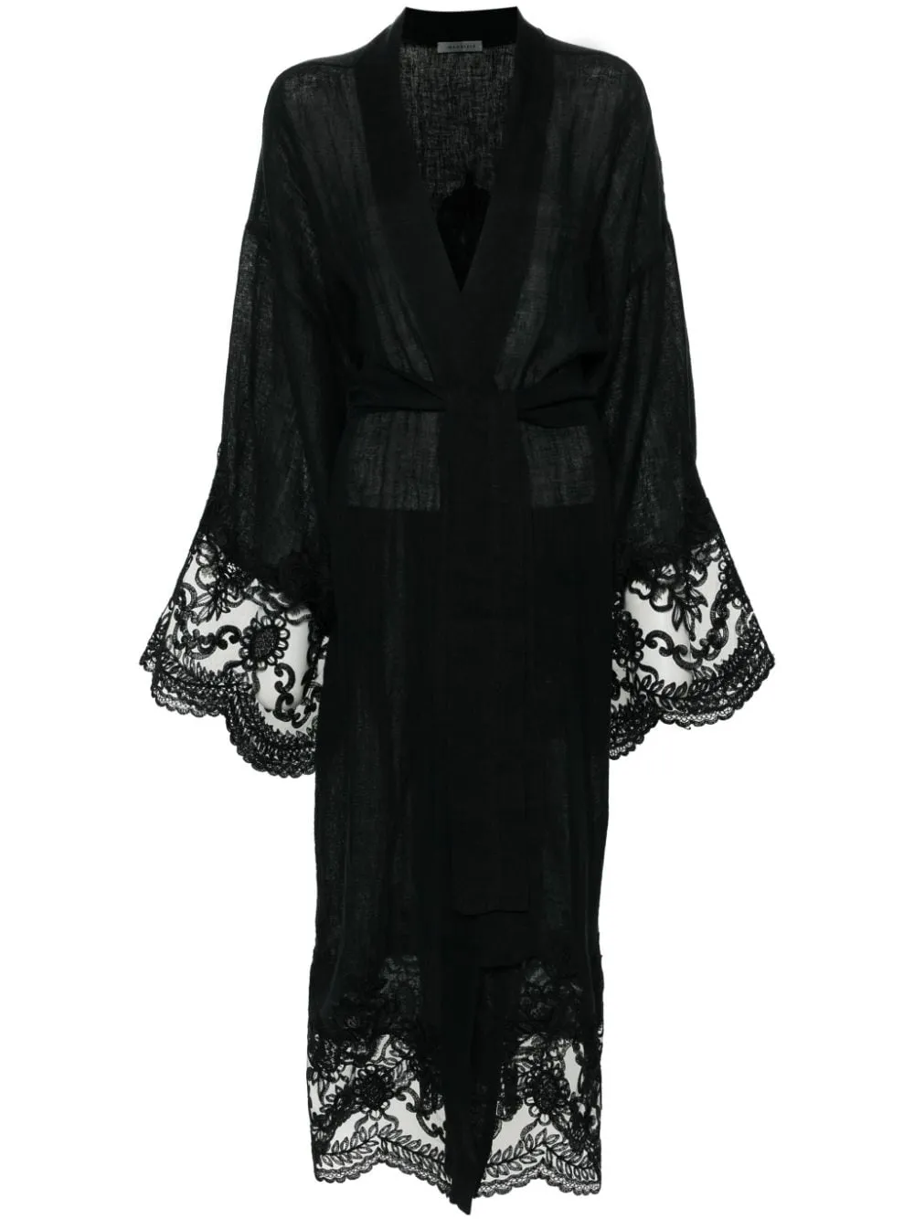 Kimono lungo con pannelli in pizzo in nero - donna