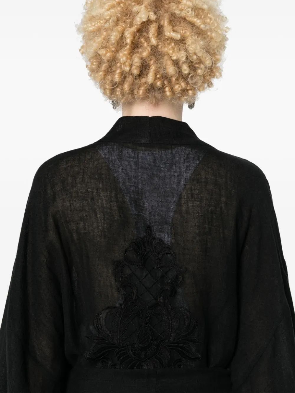 Kimono lungo con pannelli in pizzo in nero - donna