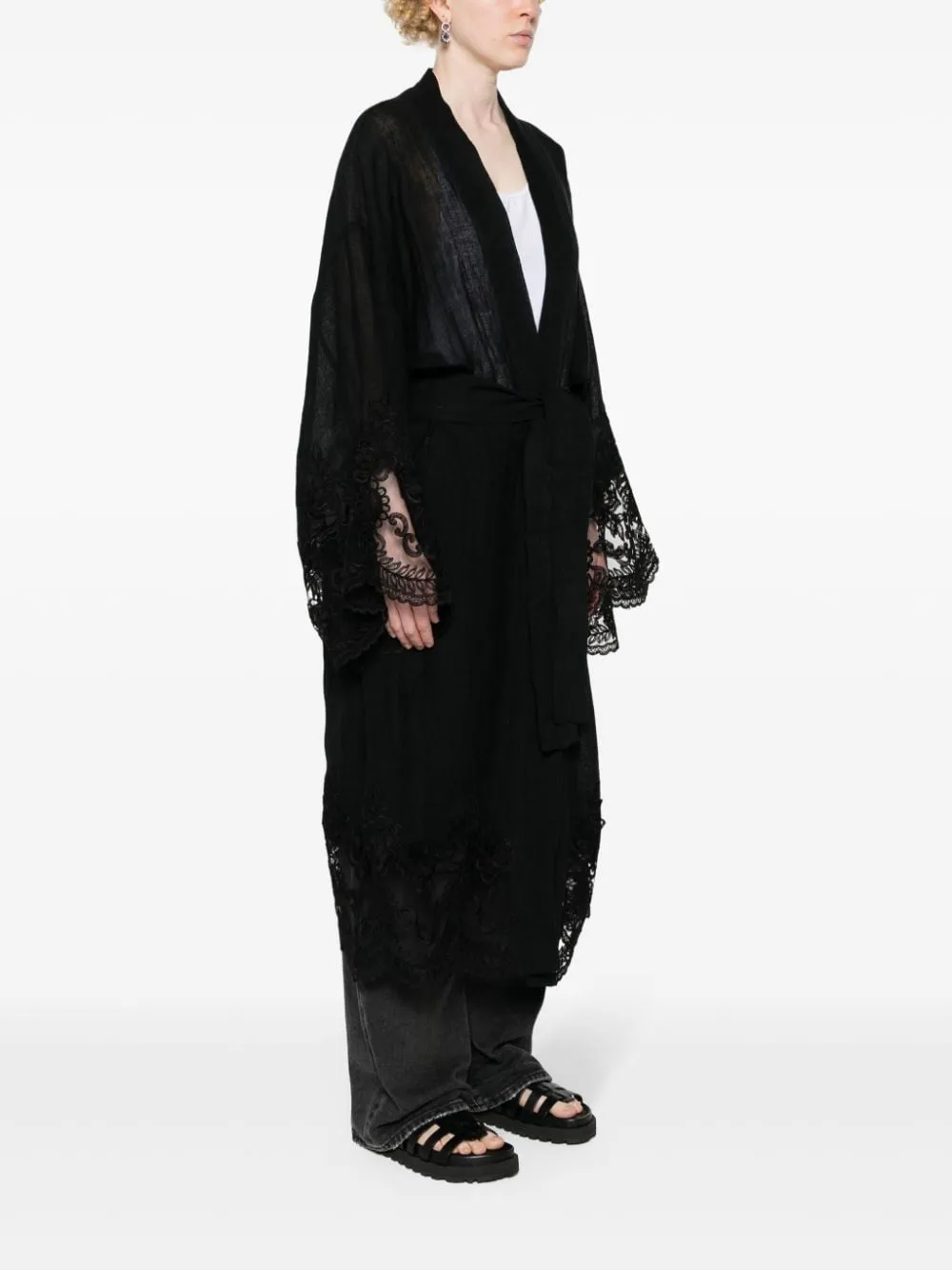 Kimono lungo con pannelli in pizzo in nero - donna