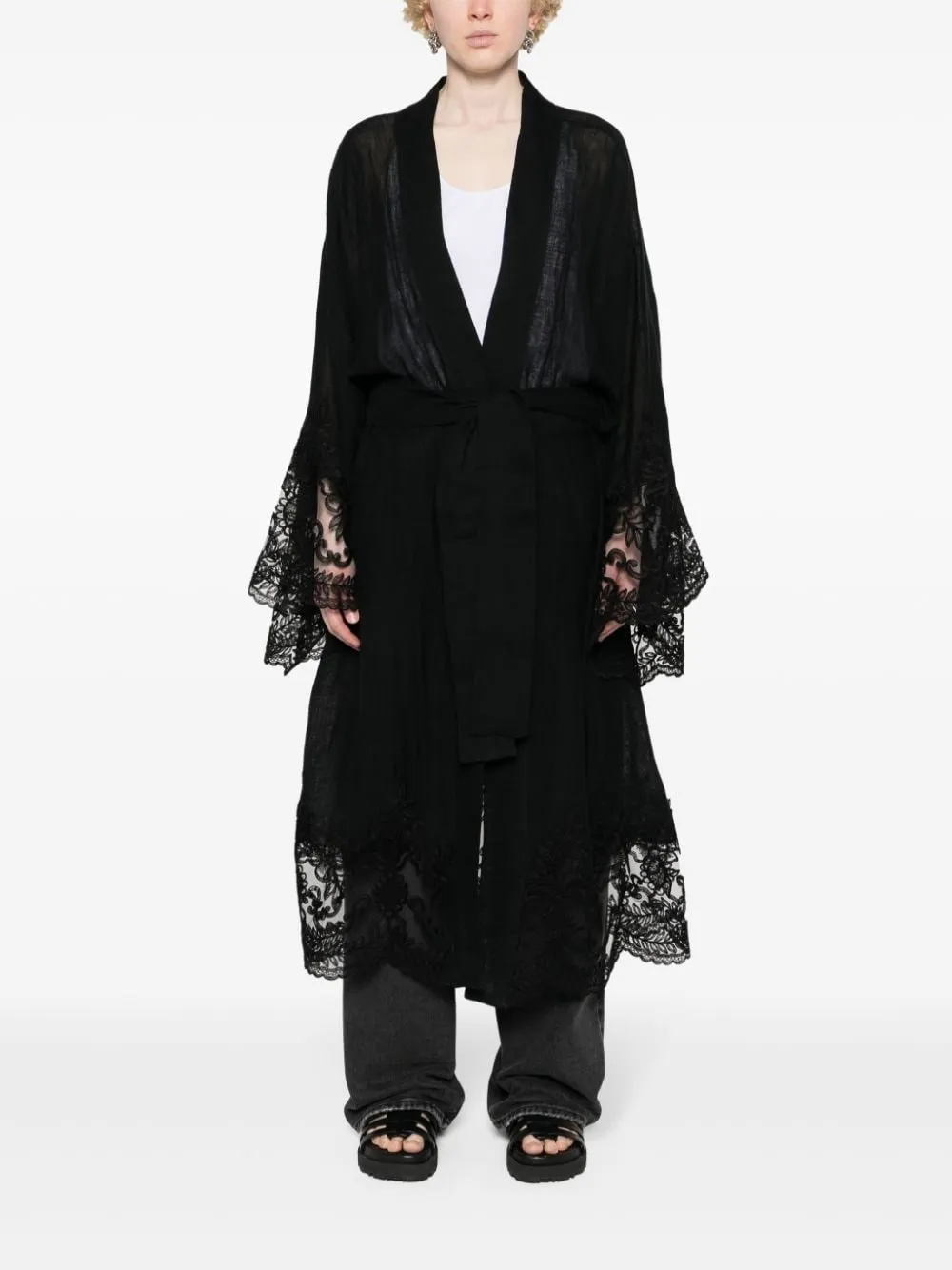 Kimono lungo con pannelli in pizzo in nero - donna