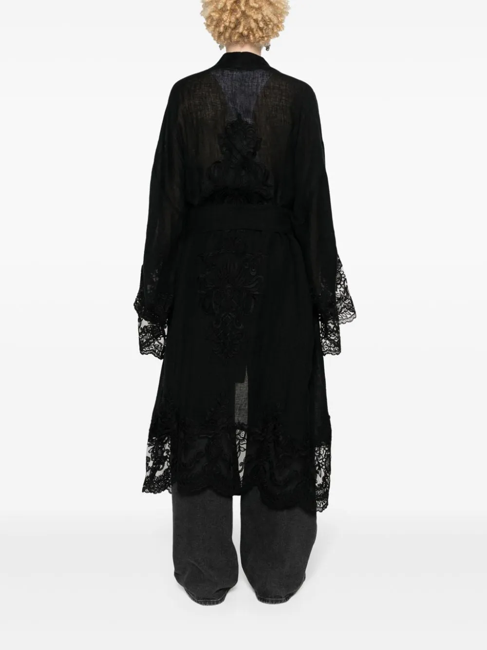 Kimono lungo con pannelli in pizzo in nero - donna