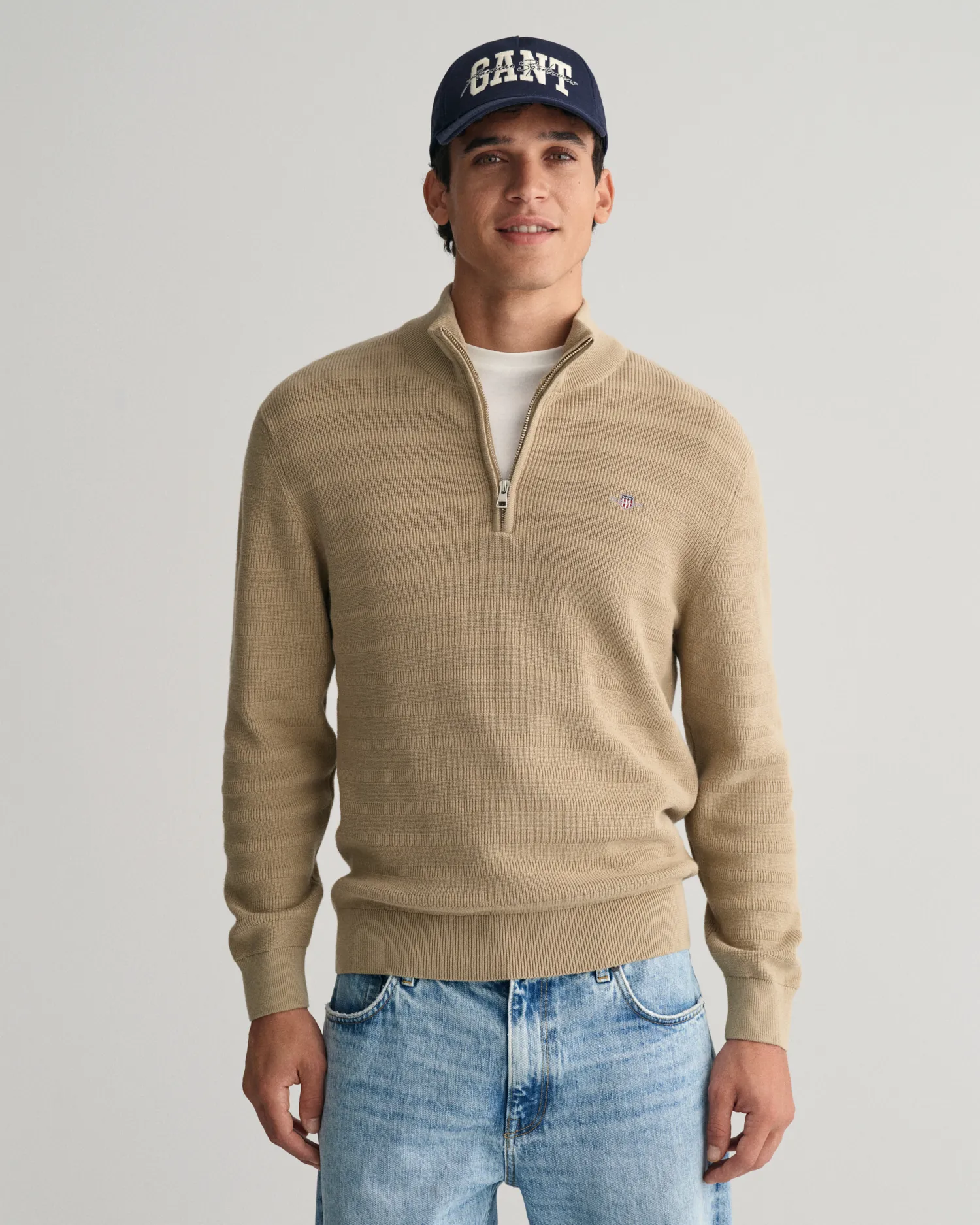 Maglia a righe in cotone testurizzato con zip corta