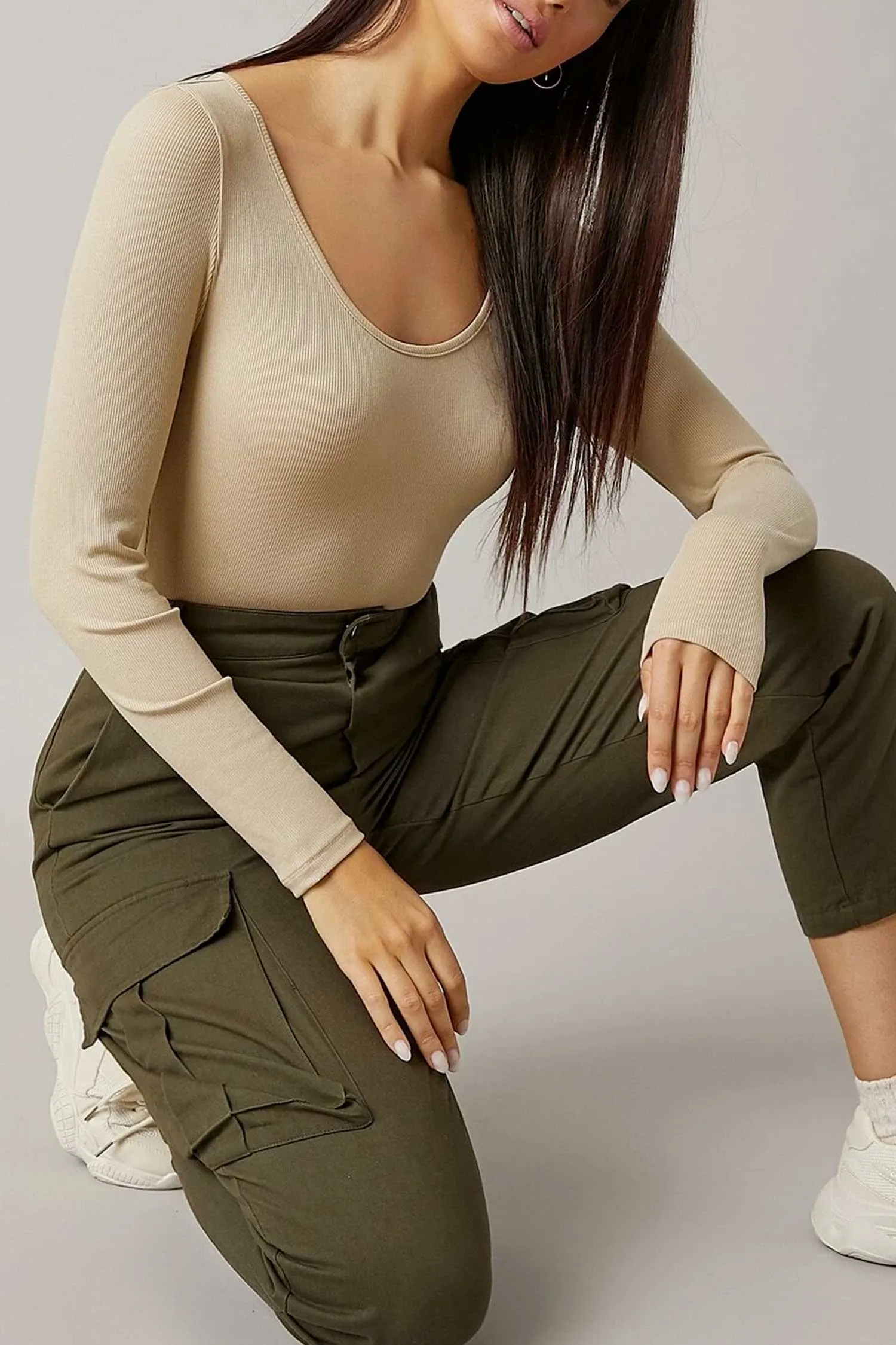 Maglia body beige maniche lunghe a costine