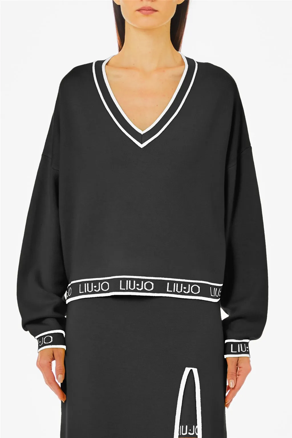 Maglia nera da donna Liu Jo in misto seta con logo bianco 4049