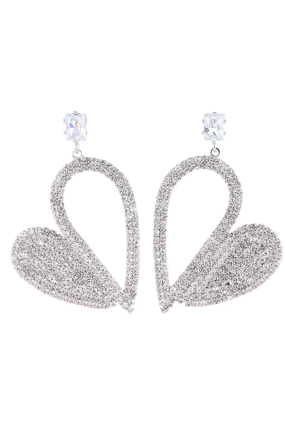Orecchini penzolanti di strass con cuore d'argento di moda per le donne
