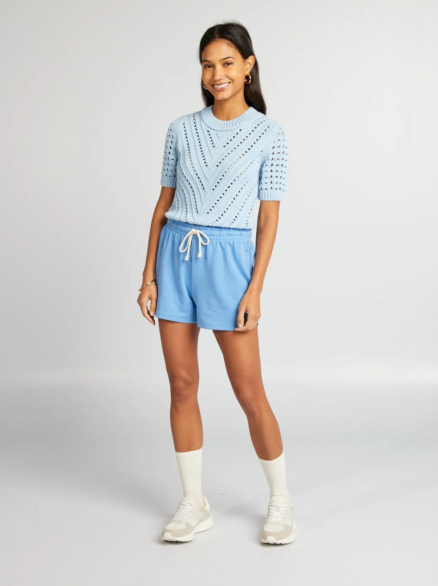Pullover in maglia traforata a maniche corte - BLU