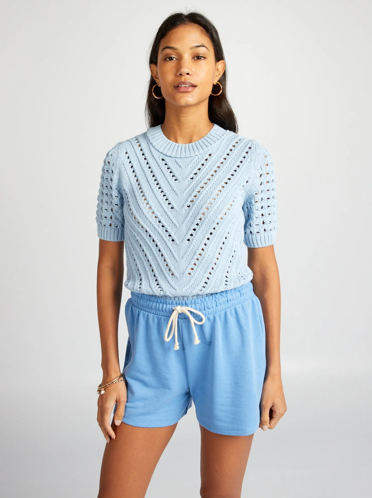 Pullover in maglia traforata a maniche corte - BLU