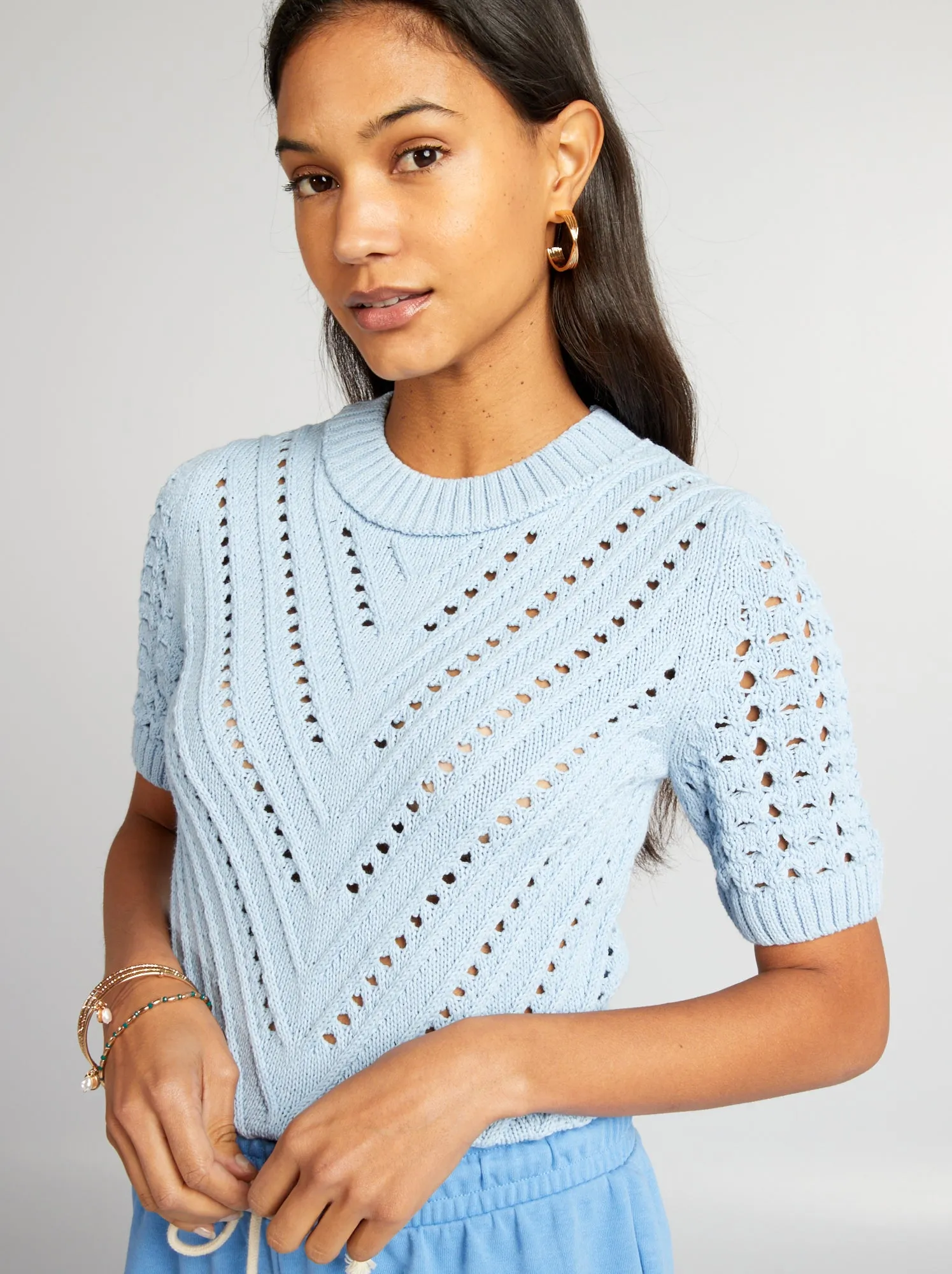 Pullover in maglia traforata a maniche corte - BLU