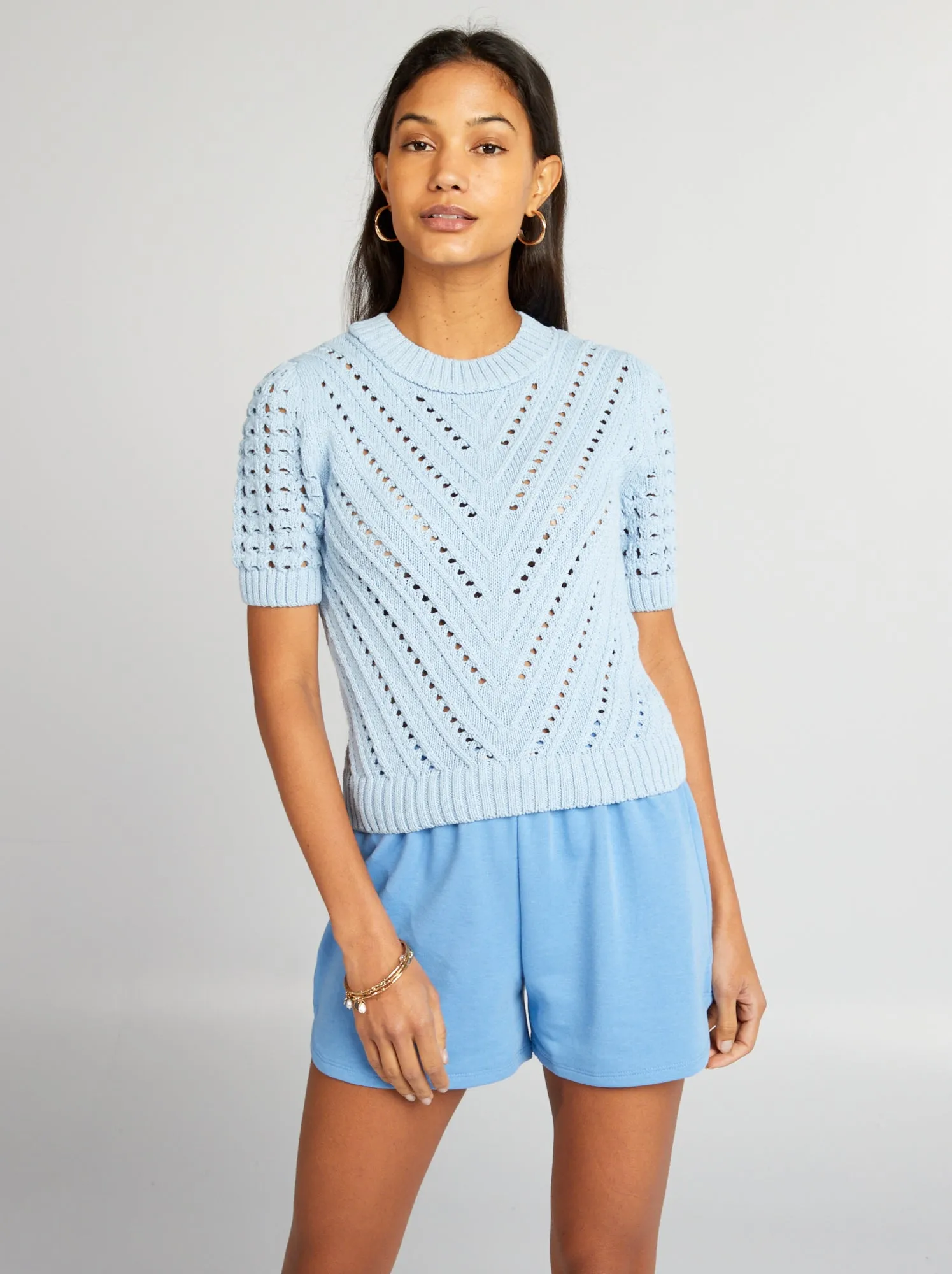 Pullover in maglia traforata a maniche corte - BLU