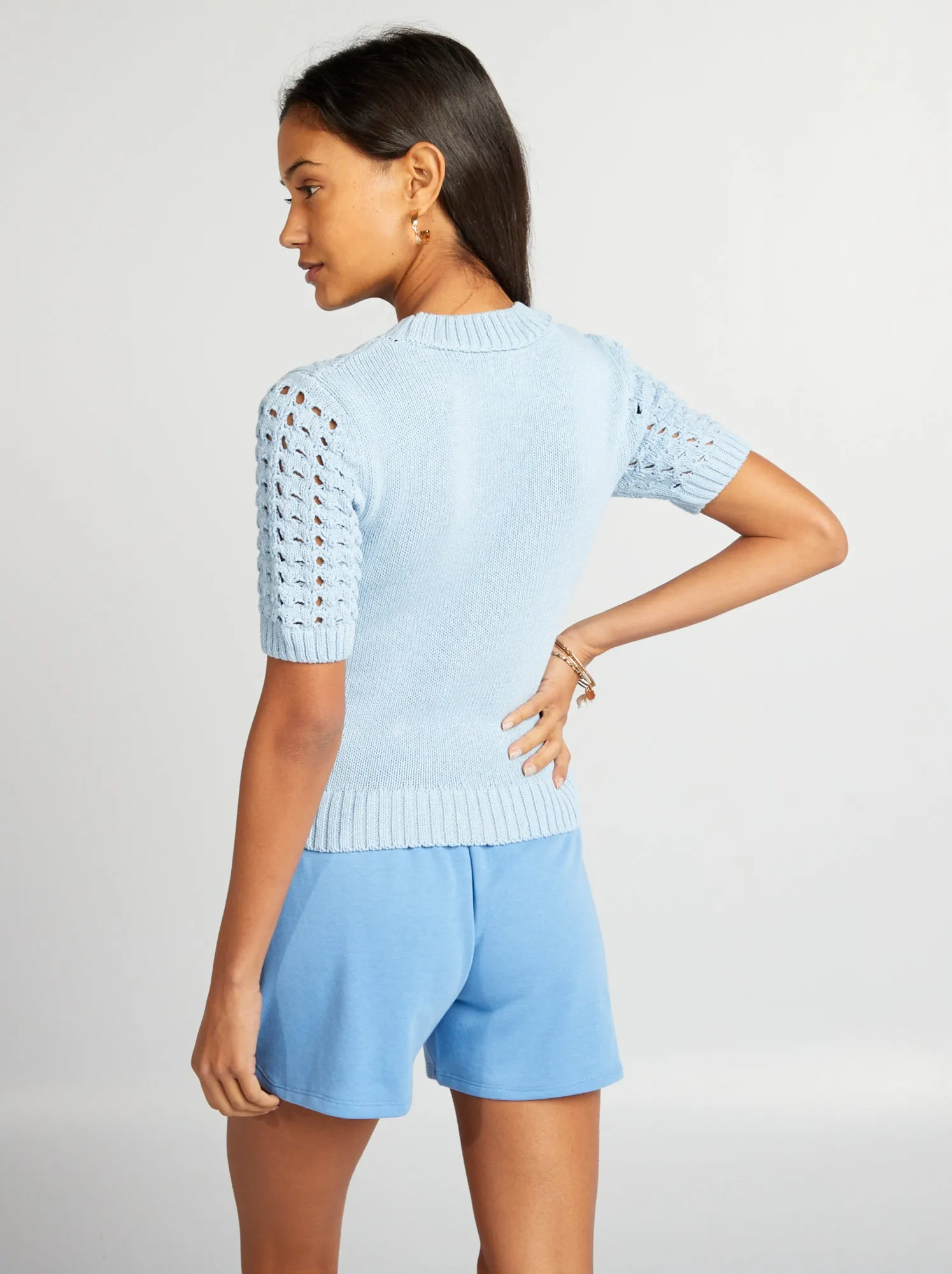 Pullover in maglia traforata a maniche corte - BLU