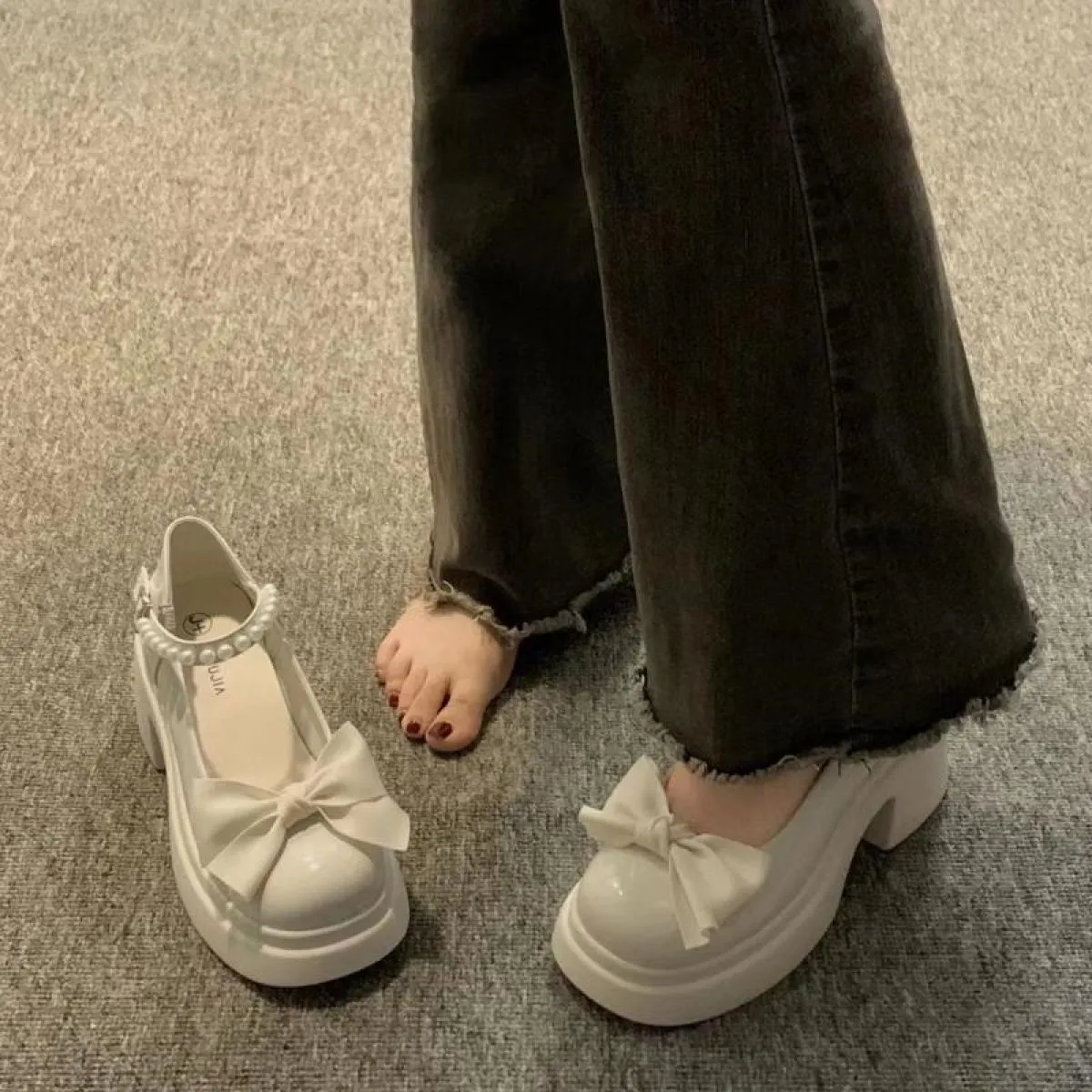 Punta Rotonda Kawaii Lolita Scarpe Donna Casual Elegante Colore Puro Fiocco Décolleté Stile Antiscivolo Scarpe con Tacco Medio C