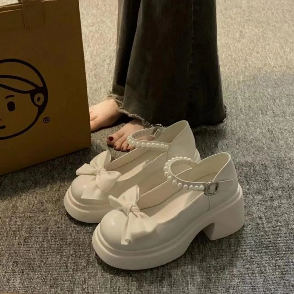 Punta Rotonda Kawaii Lolita Scarpe Donna Casual Elegante Colore Puro Fiocco Décolleté Stile Antiscivolo Scarpe con Tacco Medio C