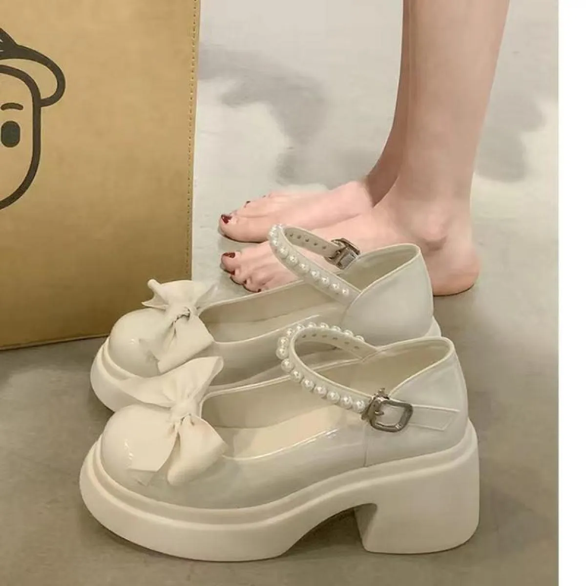 Punta Rotonda Kawaii Lolita Scarpe Donna Casual Elegante Colore Puro Fiocco Décolleté Stile Antiscivolo Scarpe con Tacco Medio C