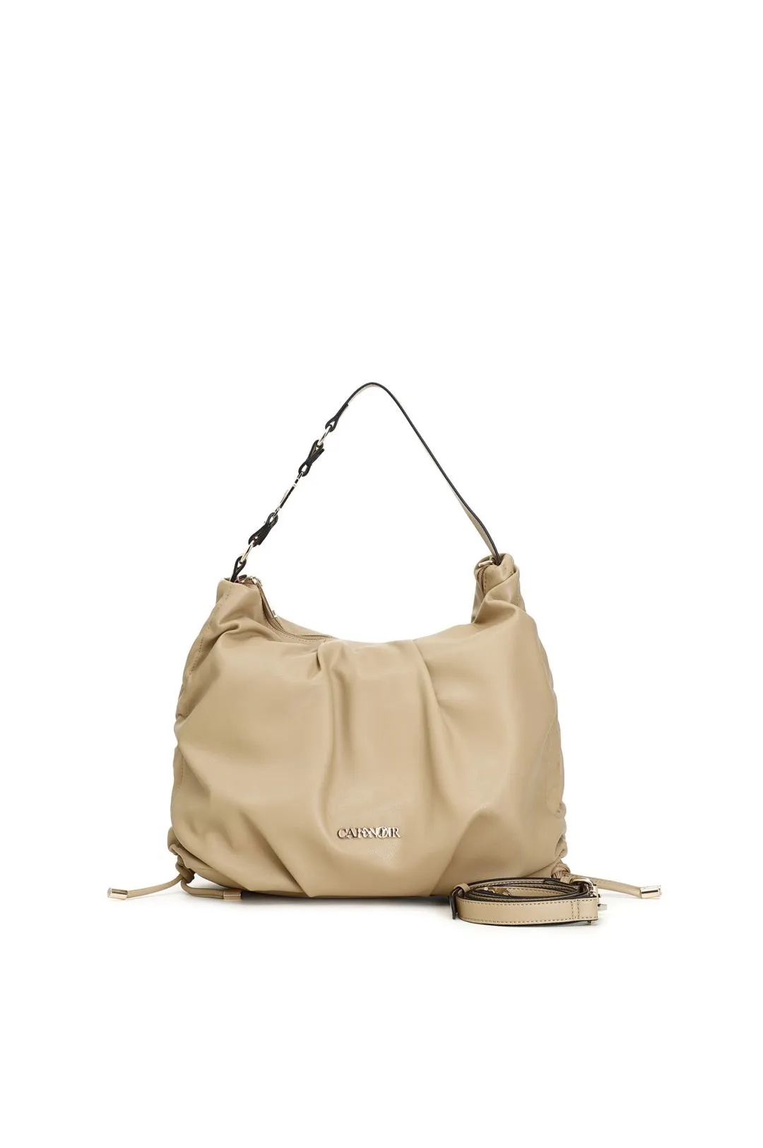 sacca morbida con coulisse laterali e accessorio cafènoir beige