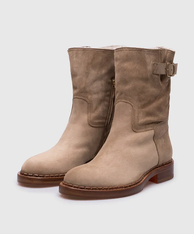 Santoni Stivali in camoscio beige con pelliccia WSAL71184BJ2AHMU