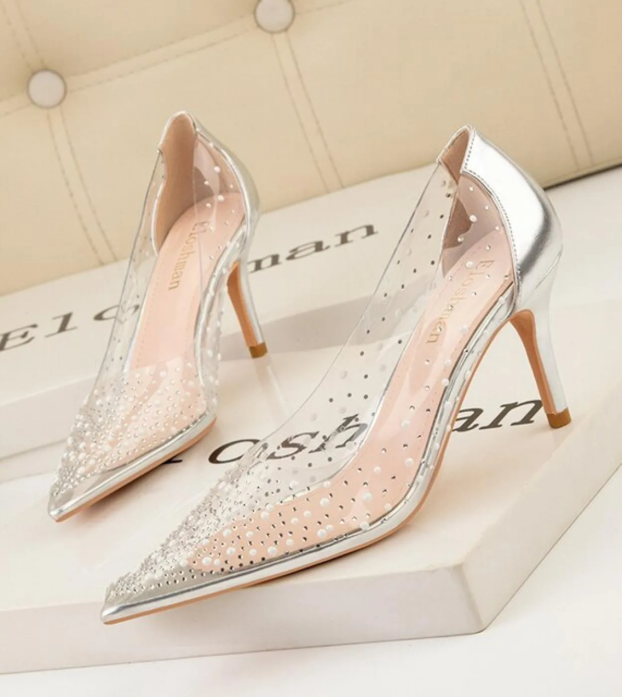 Scarpe da donna per banchetti con tacco alto Scarpe da sposa con strass lucidi a punta in pvc con tacco alto Scarpe da donna Pu