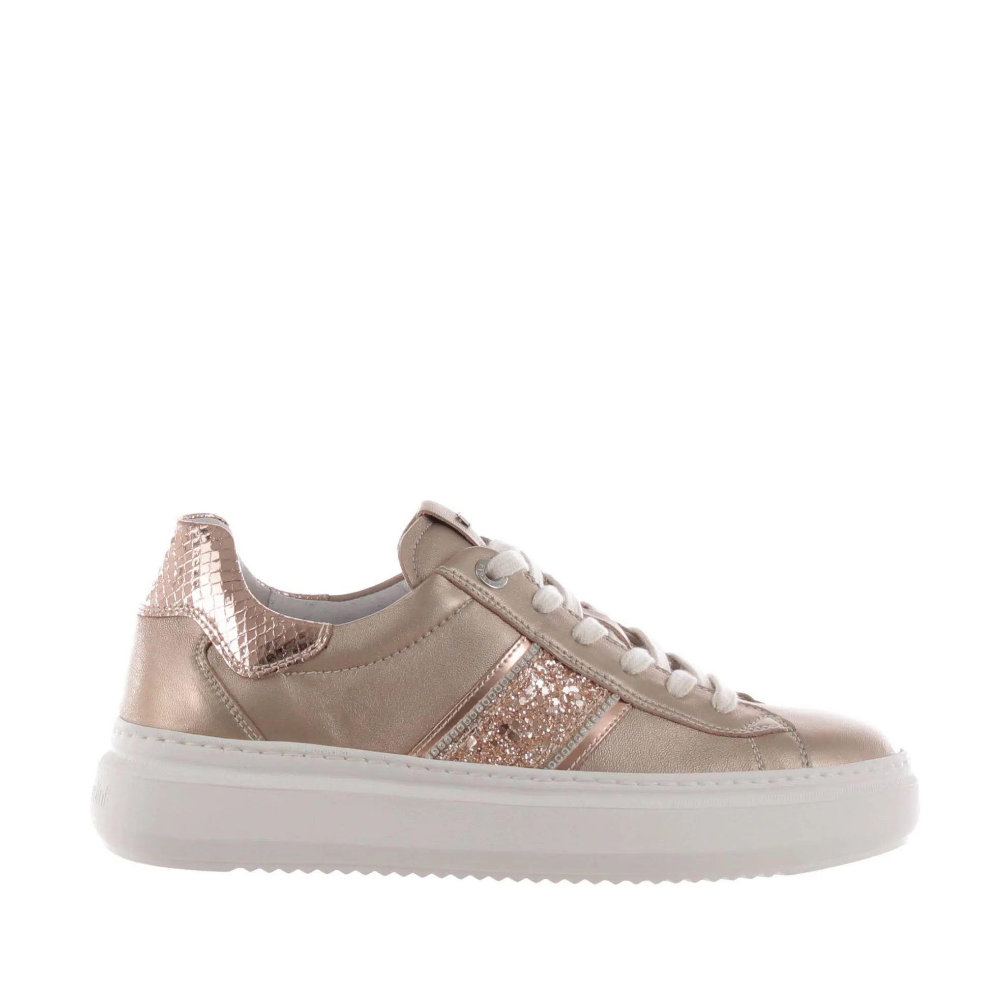 Sneaker in pelle metal con dettaglio in glitter