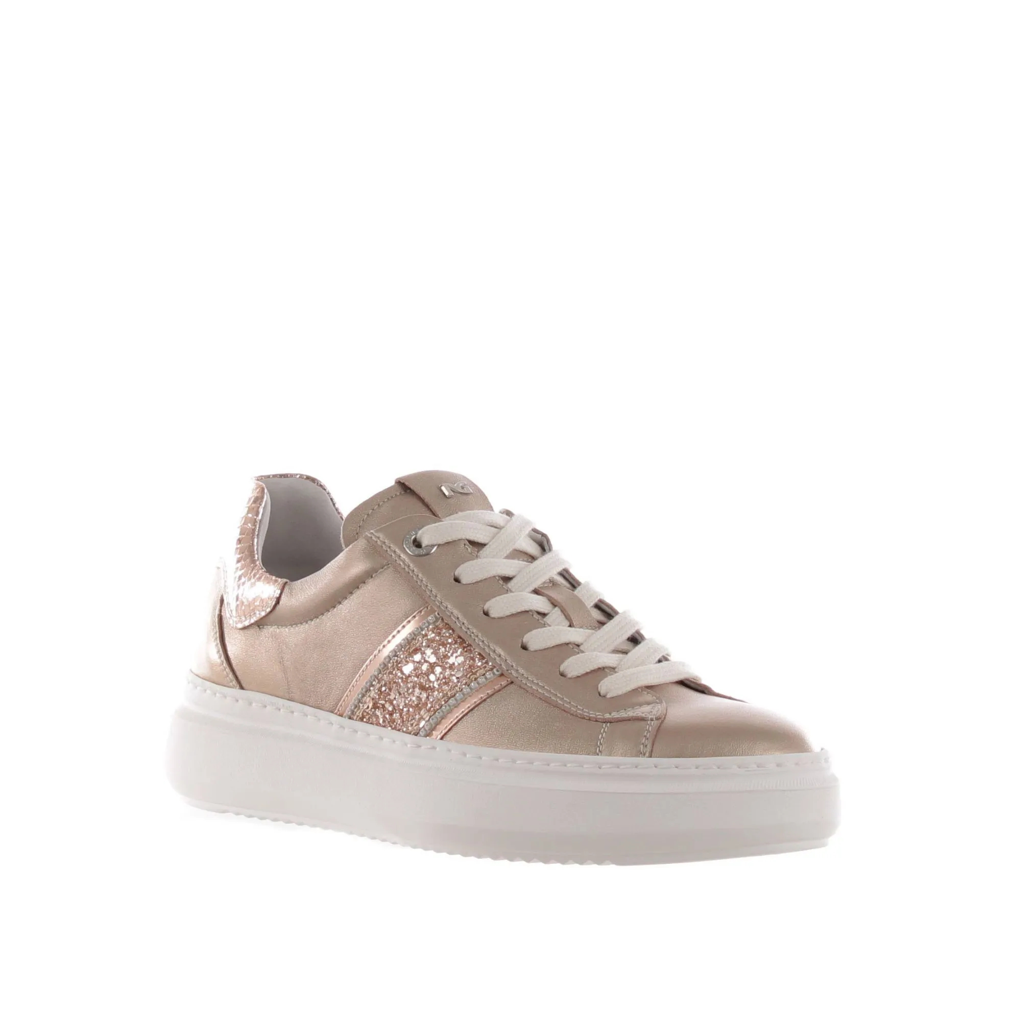 Sneaker in pelle metal con dettaglio in glitter